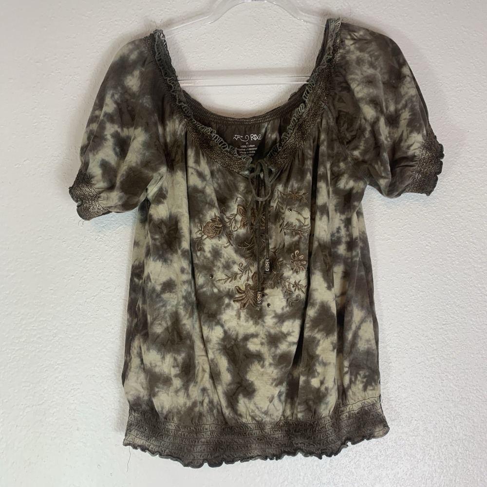 RXB Top Womens Large Petite Embroidered Embellished Goblin Forest Grunge Boho LP
